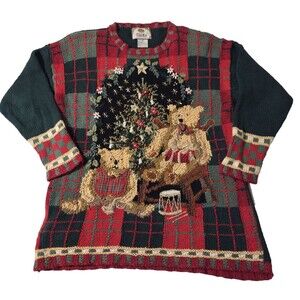 Vtg Tiara Teddy Bear Ugly Christmas Sweater 90's Y2K Women's Medium Red Green
